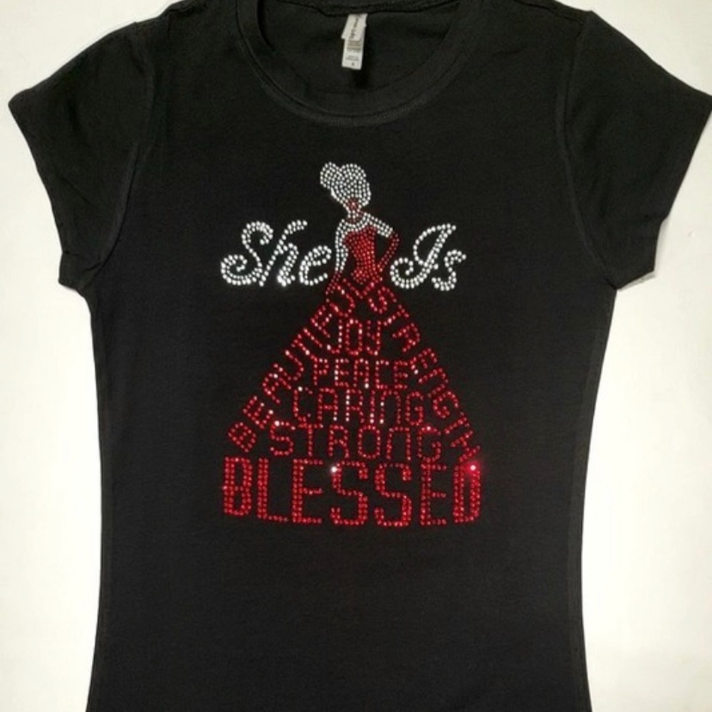 Get this nice blinged out She Is shirt